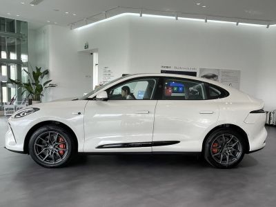 Sleek side profile with sporty multi-spoke alloy wheels and red brake calipers.