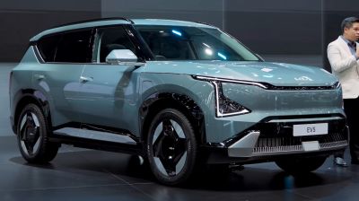 Futuristic angular LED headlights and aerodynamic SUV design