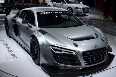 Front view of aerodynamic 2013 racing sports vehicle with LED headlights