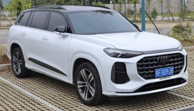 Large black hexagonal front grille and LED headlights on white SUV
