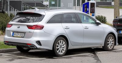 Rear and side view of modern station wagon with alloy wheels and tail lights