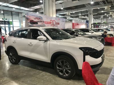 White crossover SUV with black grille and alloy wheels