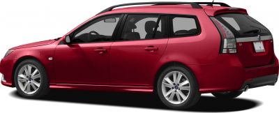 Sleek red station wagon profile with roof rails and alloy wheels