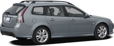 Rear side view of 2010 Saab 9-3X II Aero wagon with roof rails and alloy wheels