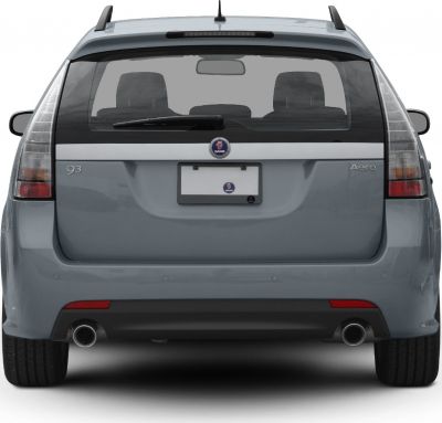 Rear with dual exhaust pipes, roof rails, and high-mounted brake light