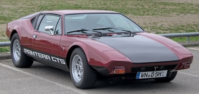 Angular body design and bold 'Pantera GTS' side decals on classic vintage sports coupe