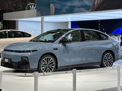 Sleek electric sedan with LED front lights and alloy wheels