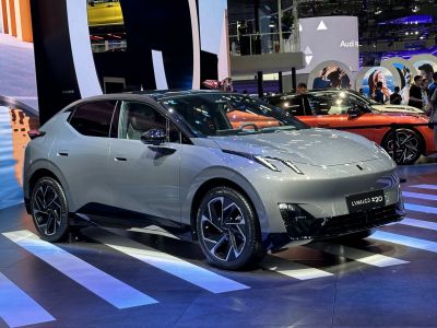 Sleek electric SUV with aerodynamic shape and modern LED headlights