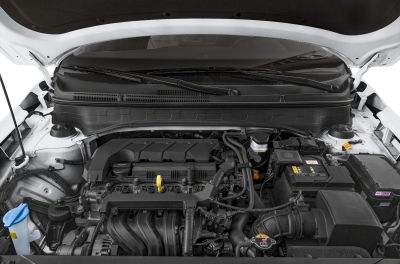 Engine bay with detailed components and layout under hood