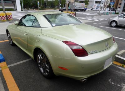 Rear view of convertible coupe with distinct tail lights and sleek body lines