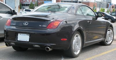 Rear view of luxury coupe with distinctive taillights and dual exhaust pipes