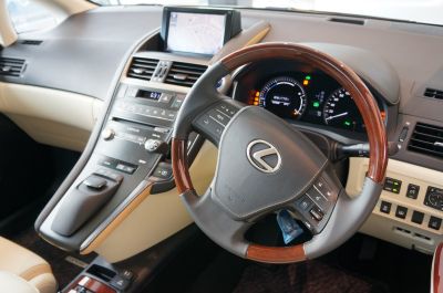 Steering wheel and dashboard with navigation display and control buttons