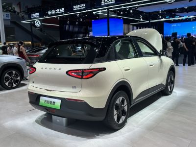 Compact electric SUV rear view with distinct taillights and two-tone roof design