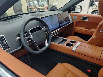Dual widescreen displays and futuristic steering wheel with brown leather seats