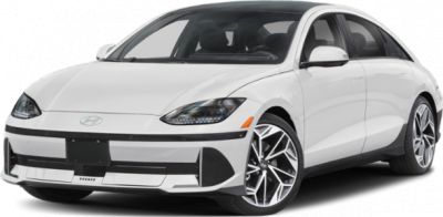 White electric sedan front view with aerodynamic wheels