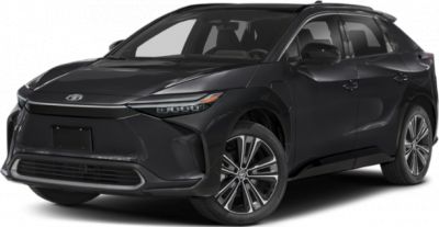 Front and side view of a sleek electric SUV in black.