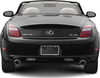 Rear view of a convertible with dual exhaust and red taillights