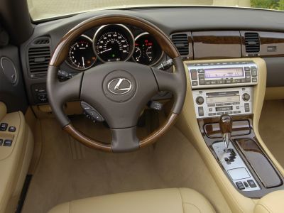 Wood-trimmed steering wheel with dashboard and center console controls