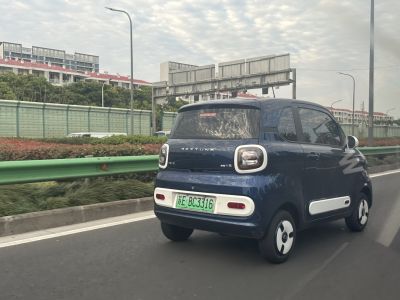 Rear view of a compact electric hatchback with rounded tail lights and white trim