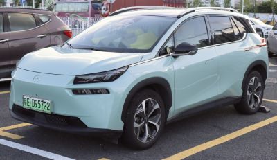 Electric SUV with sharp LED headlights and aerodynamic design