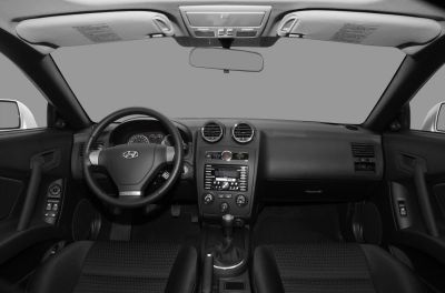 Car interior with dashboard, steering wheel, and center console