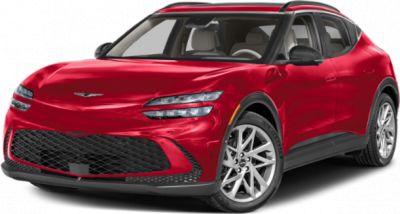 Red electric SUV with sleek LED headlights and aggressive grille.