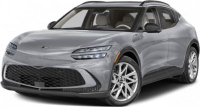 Front view of sleek electric SUV with dual LED headlights and aerodynamic design