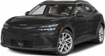Front view of modern electric SUV with LED lights and mesh grille