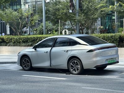 Rear side profile of a silver sedan with an open door and alloy wheels