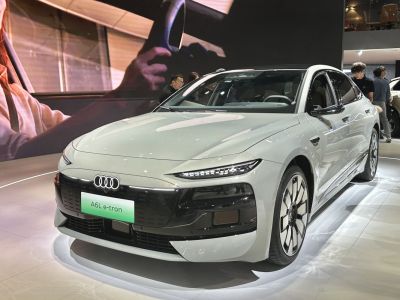 Front view with LED headlights and aerodynamic design of electric sedan