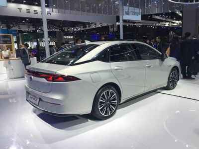 Electric sedan with aerodynamic rear and LED taillights