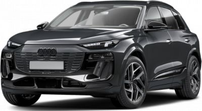 Front view of a sleek electric SUV with LED headlights and modern grille