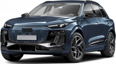Front view of electric SUV with distinct grille and LED headlights