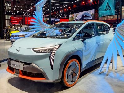 Futuristic SUV with unique LED headlight and orange-accented wheels