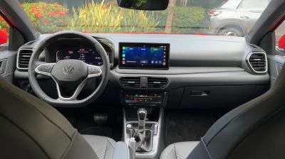 Modern car interior with digital dashboard and touchscreen infotainment