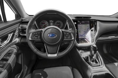 Steering wheel, dashboard, and touchscreen infotainment in car interior
