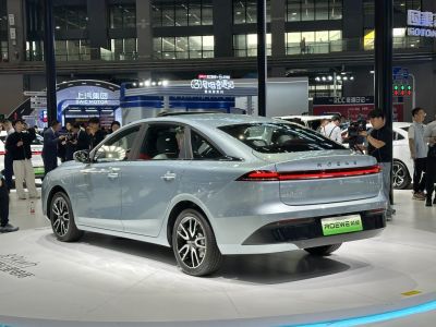 Sedan with continuous rear LED light strip and aerodynamic design