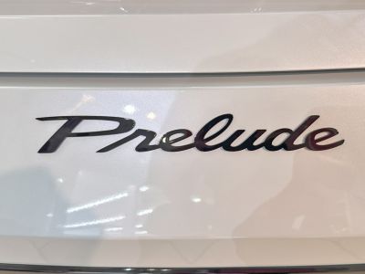 Close-up of a script emblem on a white surface.