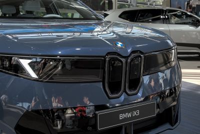 Close-up of front grille and LED headlight design.