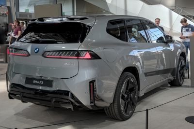 Rear of electric SUV with angular tail lights and aerodynamic design