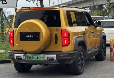 Rear view of SUV with spare tire cover and distinct taillights