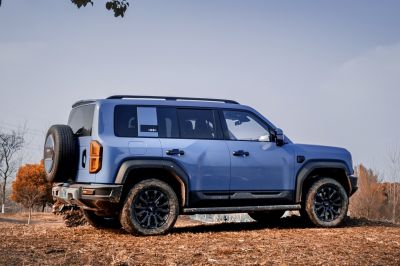 Side view of an SUV with roof rails and rear-mounted spare tire.