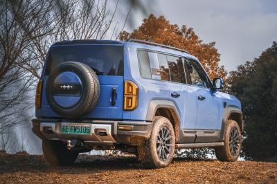 Rear view of an SUV with mounted spare tire and rugged tires on dirt