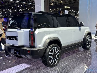 Rear and side view of an electric SUV with bold design and large alloy wheels