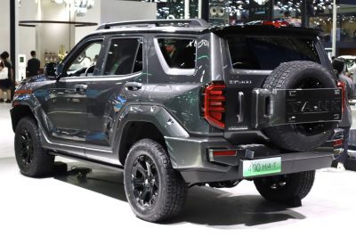 Rugged SUV rear side with spare tire and black alloy wheels
