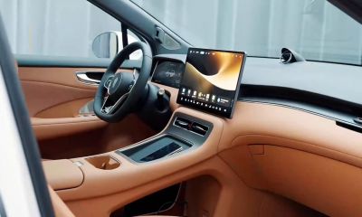 Modern car interior with large touchscreen and digital dashboard