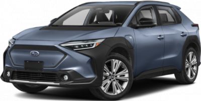 Front and side view of blue SUV with angular front design and black trim