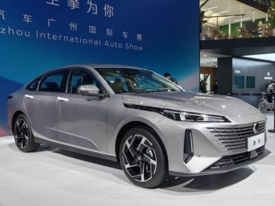 Electric sedan with LED headlights and aerodynamic design