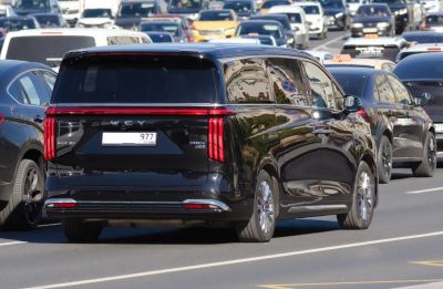 Rear view of black SUV with vertical LED taillights and tinted windows