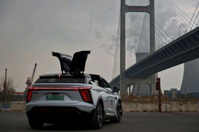 Electric SUV with falcon wing rear doors and LED rear lights